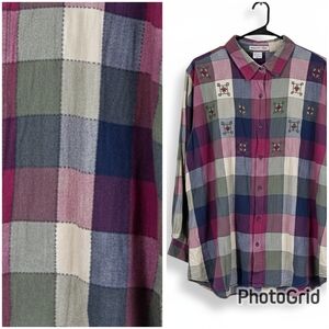 ♻️maggie & max Patchwork Plaid Embroidered Shirt 3X Cotton Cottagecore